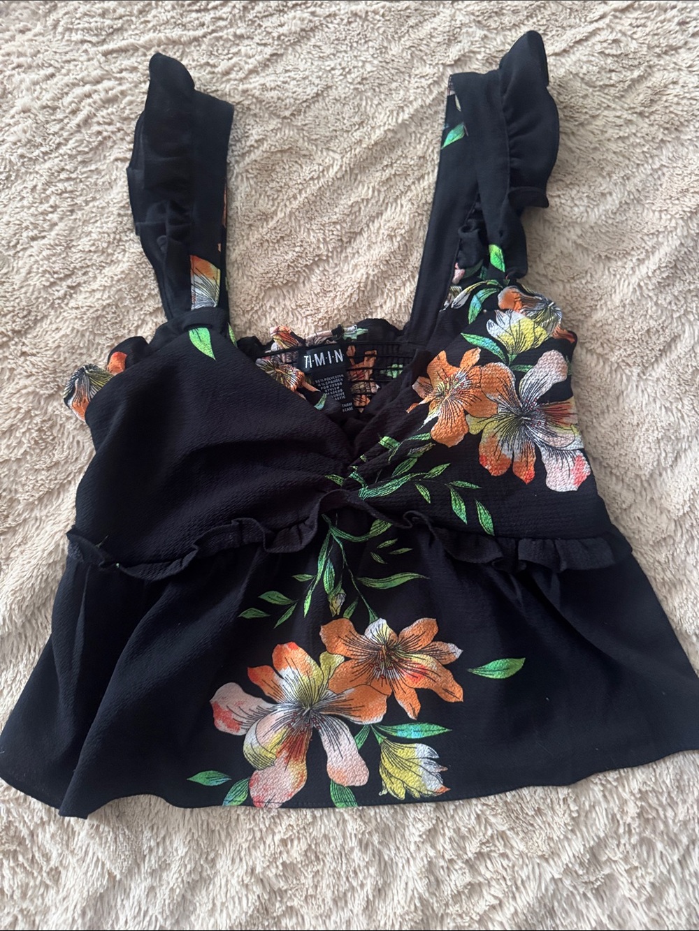 Timing Black Floral Ruffle Tie-Front Camisole